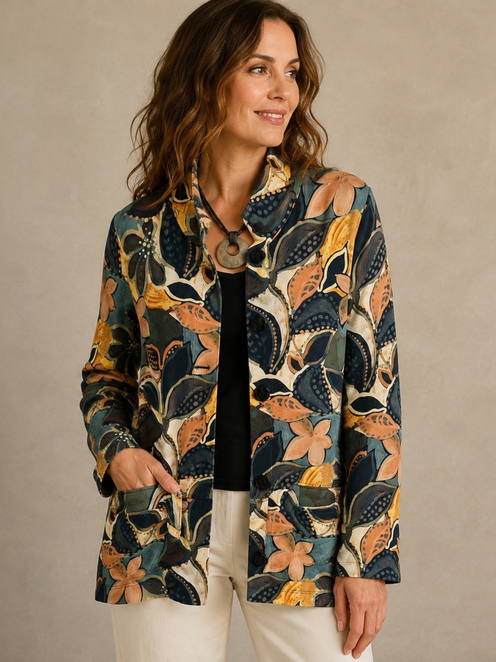 Dolcezza Floral Art Print Stretch Cotton Knit Jacket